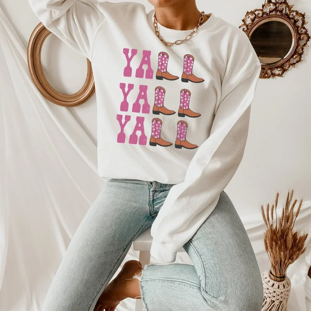 Yall Yall Yall Pink and Orange Cowboy Cowgirl Western Boots Sweatshirt - Picture 3 of 5
